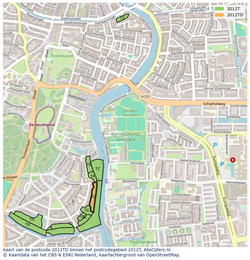 Afbeelding van het postcodegebied 2012 TD op de kaart.