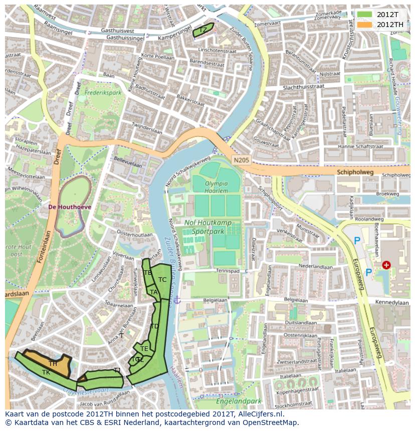 Afbeelding van het postcodegebied 2012 TH op de kaart.