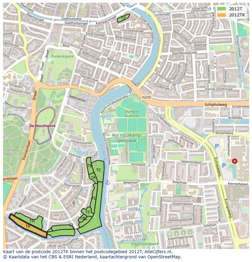 Afbeelding van het postcodegebied 2012 TK op de kaart.