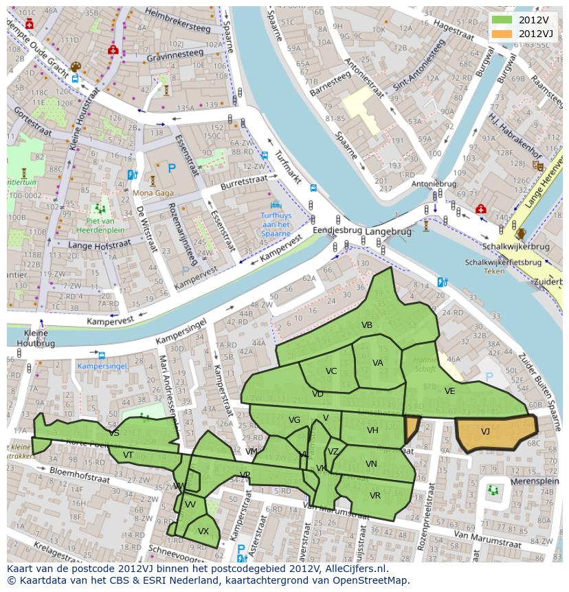 Afbeelding van het postcodegebied 2012 VJ op de kaart.