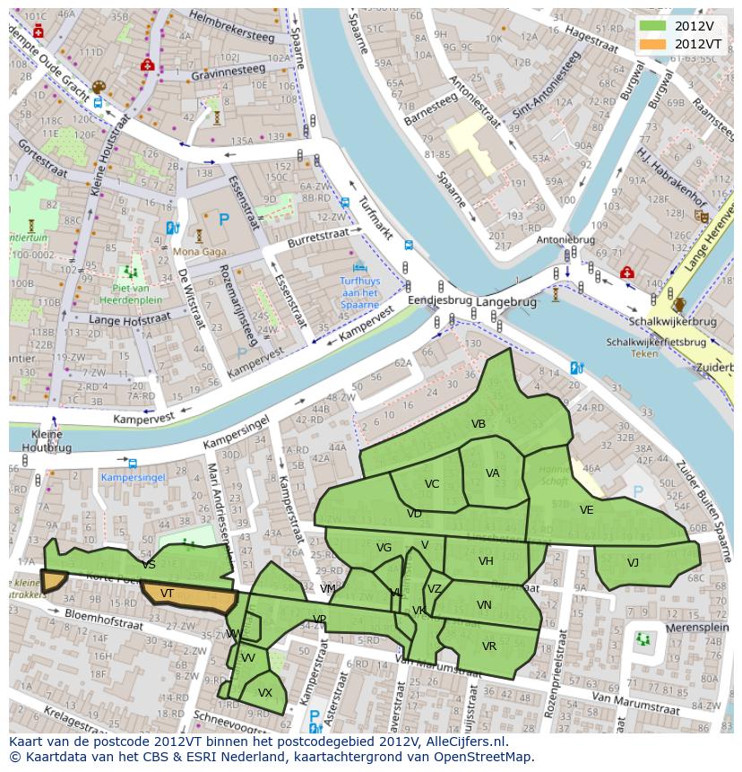 Afbeelding van het postcodegebied 2012 VT op de kaart.