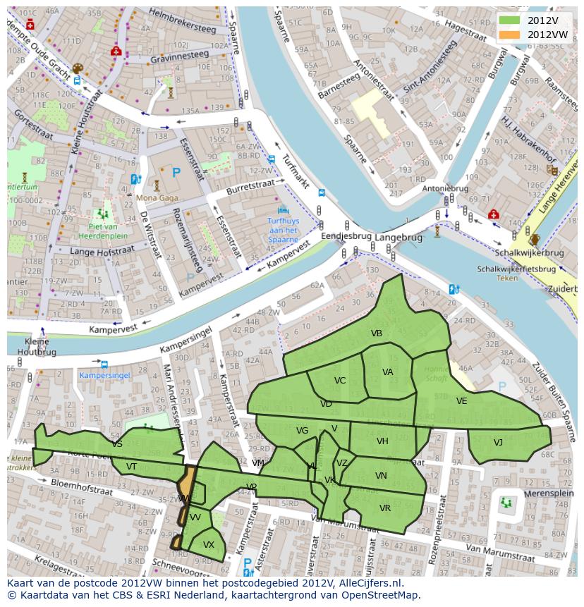 Afbeelding van het postcodegebied 2012 VW op de kaart.