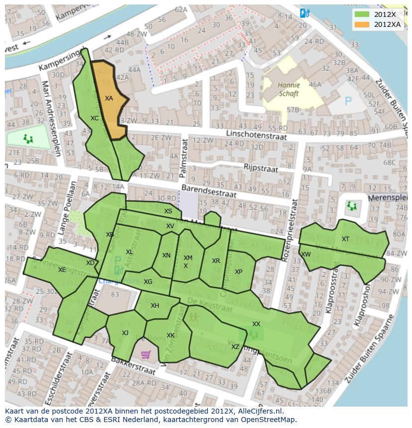 Afbeelding van het postcodegebied 2012 XA op de kaart.