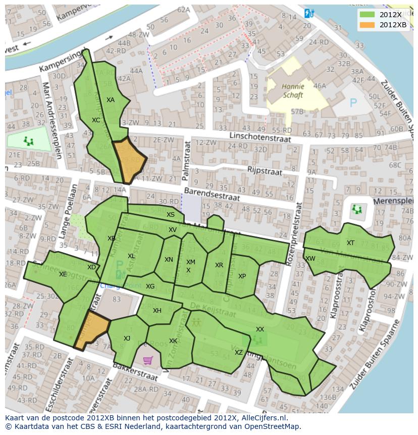 Afbeelding van het postcodegebied 2012 XB op de kaart.