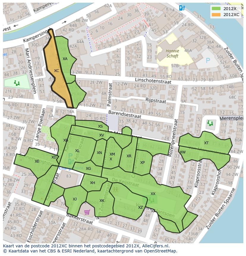 Afbeelding van het postcodegebied 2012 XC op de kaart.