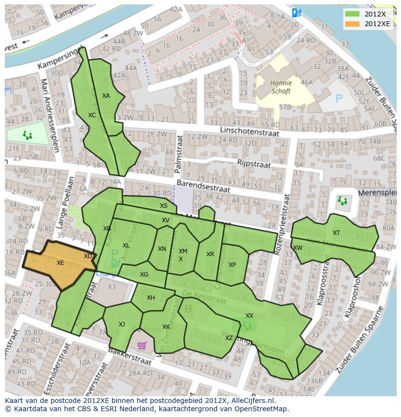 Afbeelding van het postcodegebied 2012 XE op de kaart.