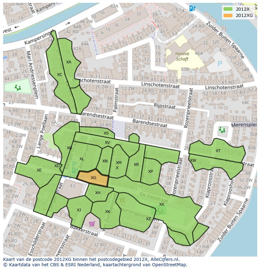 Afbeelding van het postcodegebied 2012 XG op de kaart.