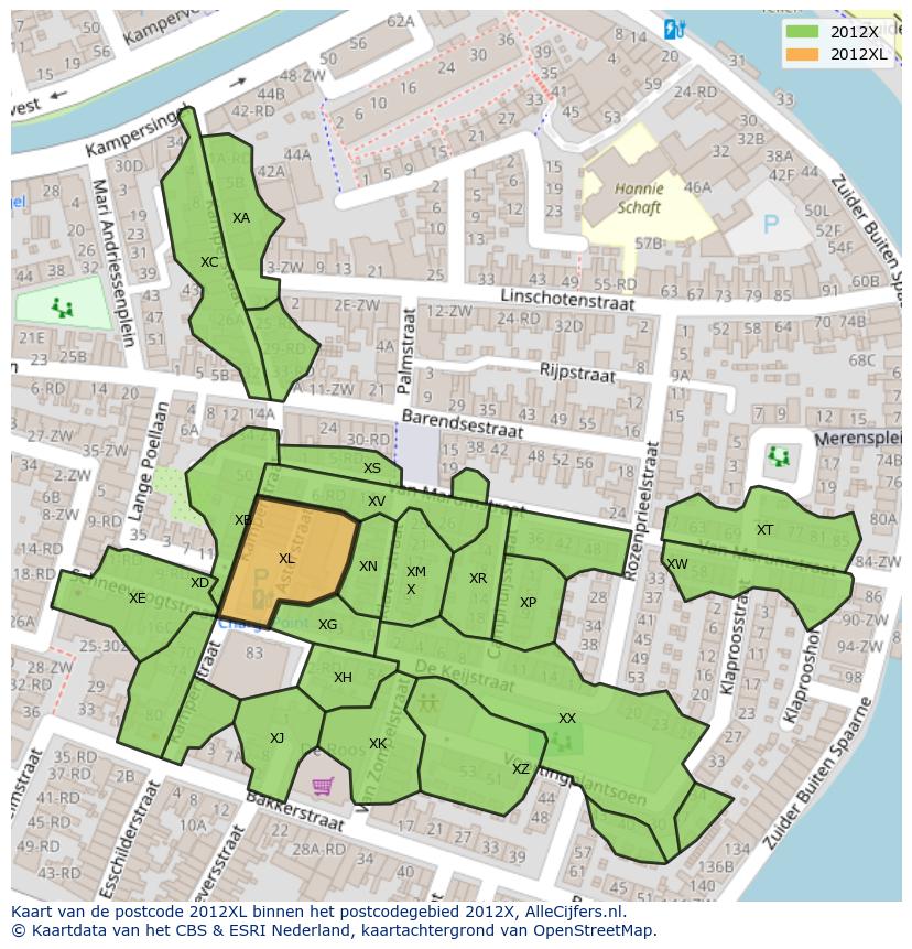 Afbeelding van het postcodegebied 2012 XL op de kaart.