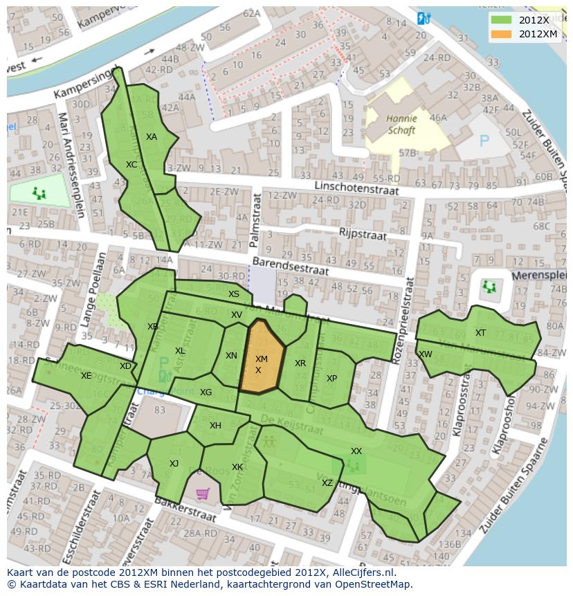 Afbeelding van het postcodegebied 2012 XM op de kaart.