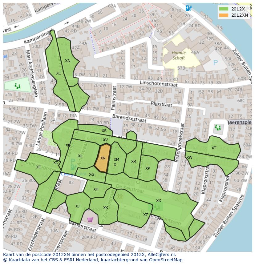 Afbeelding van het postcodegebied 2012 XN op de kaart.