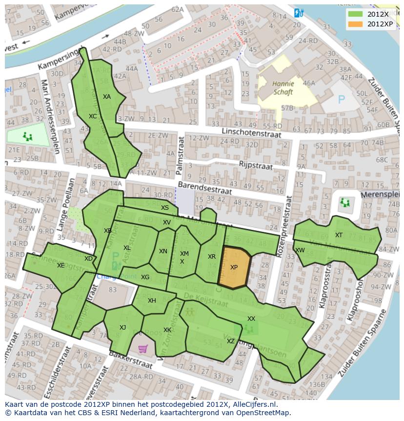 Afbeelding van het postcodegebied 2012 XP op de kaart.