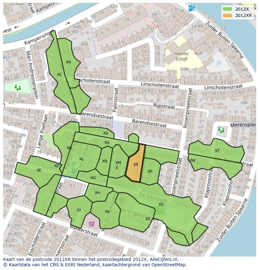 Afbeelding van het postcodegebied 2012 XR op de kaart.