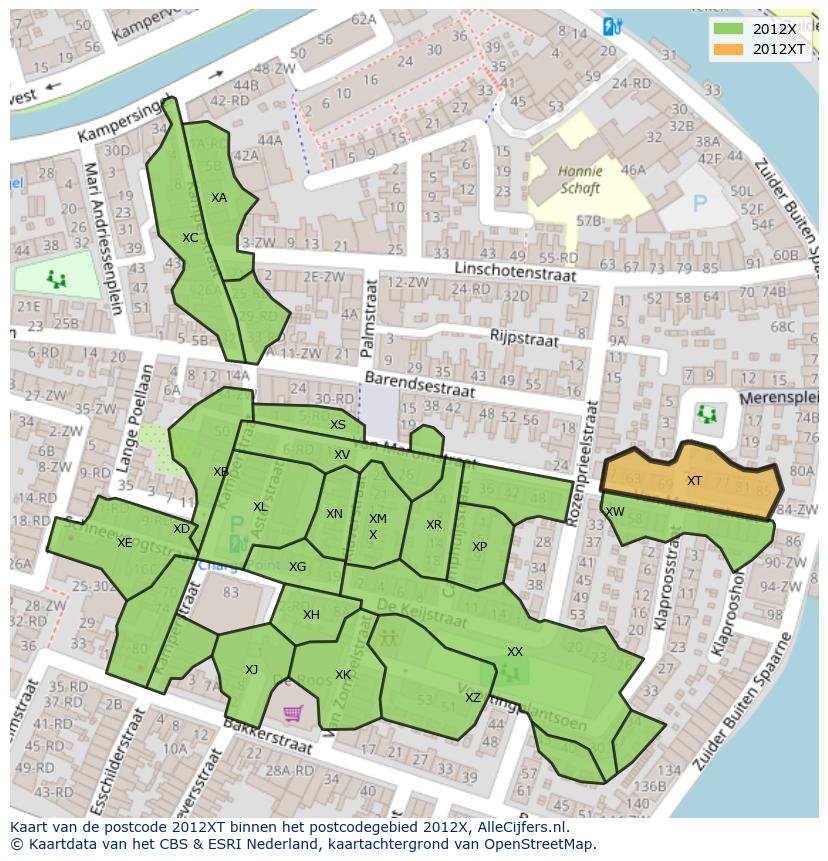 Afbeelding van het postcodegebied 2012 XT op de kaart.