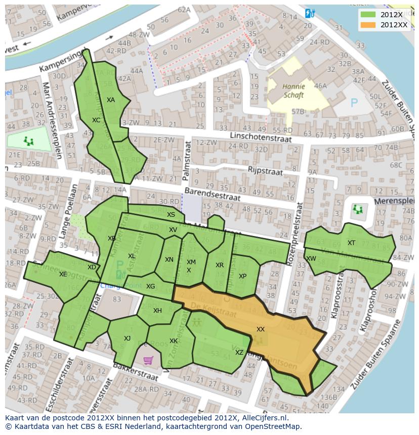 Afbeelding van het postcodegebied 2012 XX op de kaart.