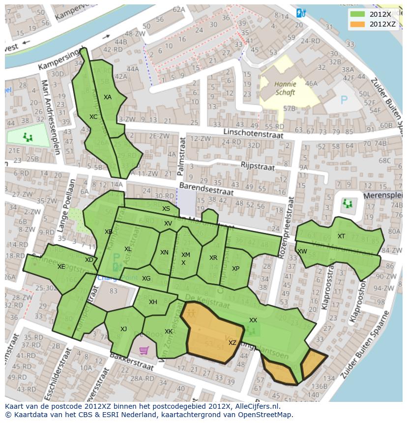 Afbeelding van het postcodegebied 2012 XZ op de kaart.