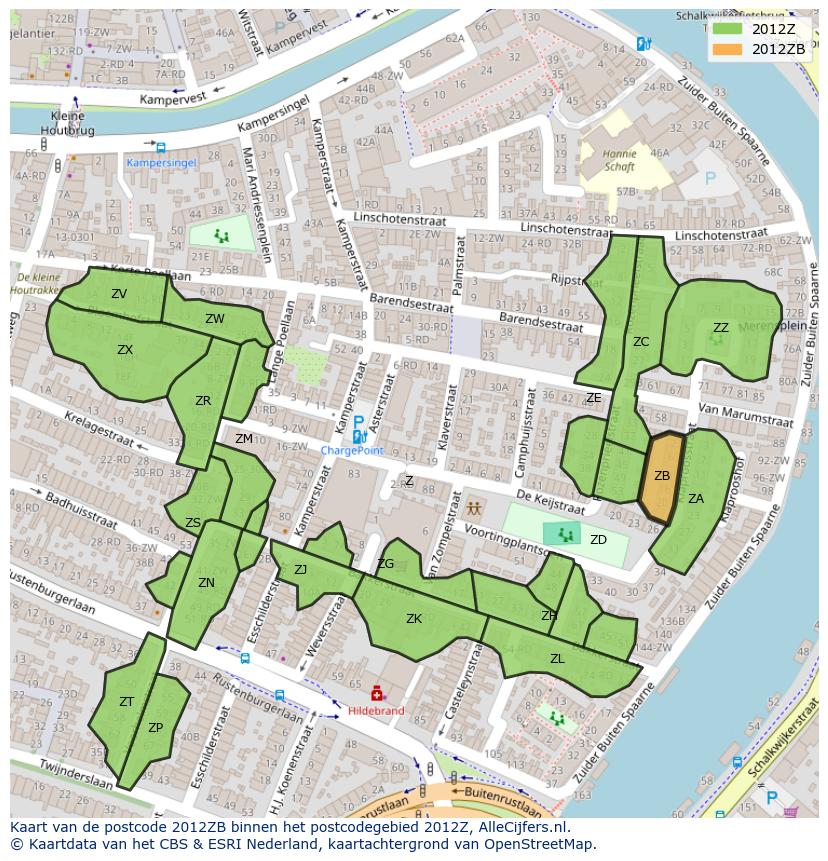 Afbeelding van het postcodegebied 2012 ZB op de kaart.