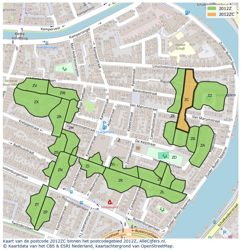 Afbeelding van het postcodegebied 2012 ZC op de kaart.