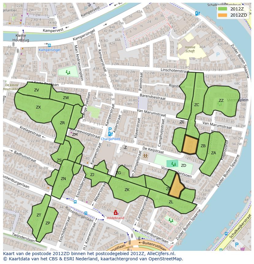 Afbeelding van het postcodegebied 2012 ZD op de kaart.