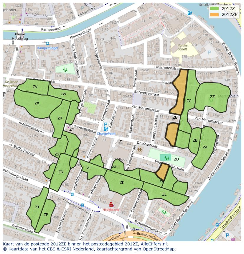 Afbeelding van het postcodegebied 2012 ZE op de kaart.