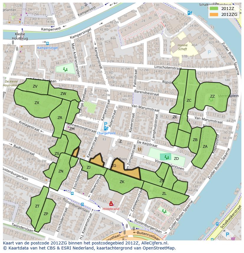 Afbeelding van het postcodegebied 2012 ZG op de kaart.