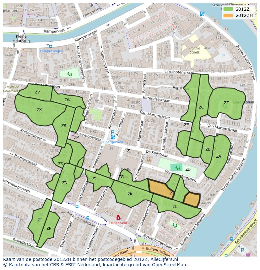 Afbeelding van het postcodegebied 2012 ZH op de kaart.