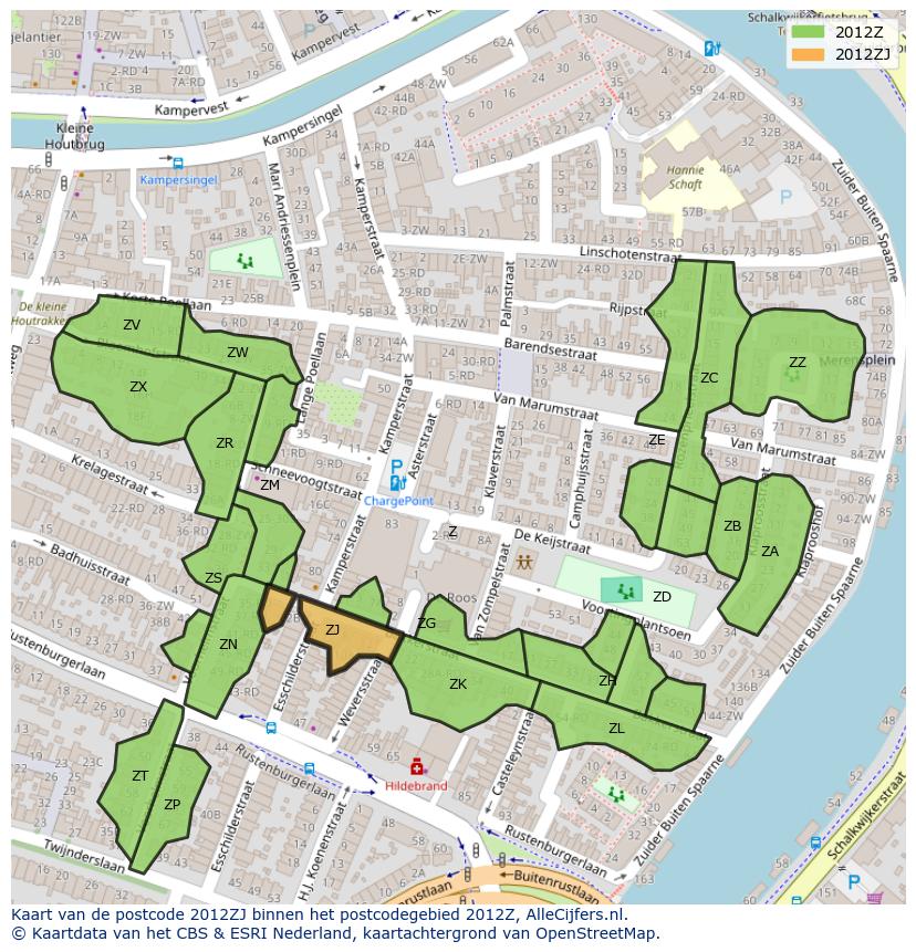 Afbeelding van het postcodegebied 2012 ZJ op de kaart.