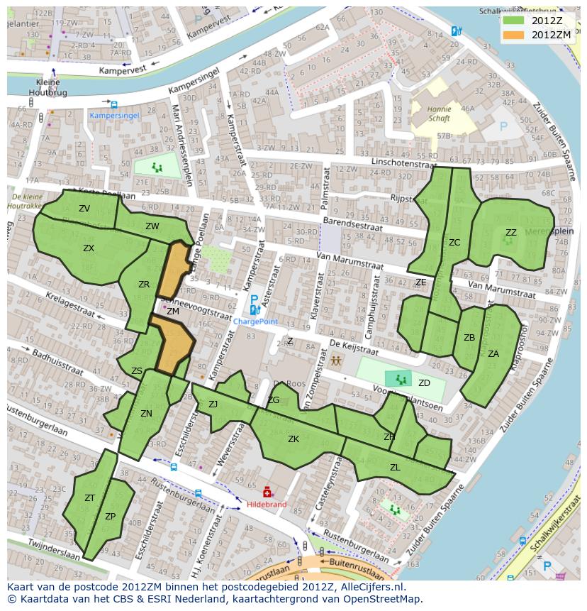 Afbeelding van het postcodegebied 2012 ZM op de kaart.