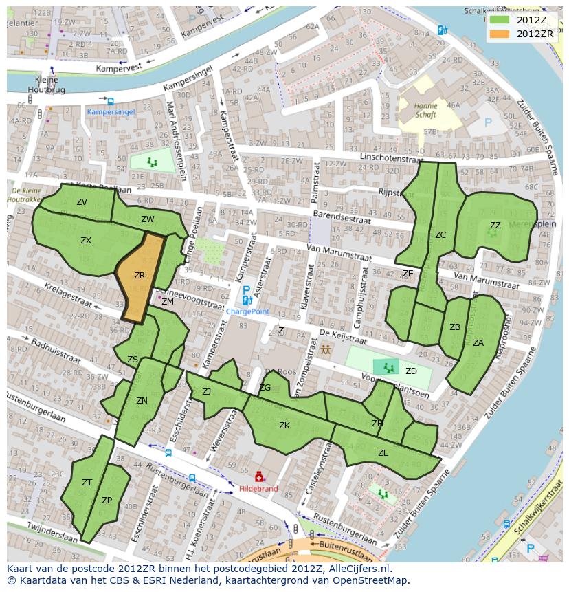 Afbeelding van het postcodegebied 2012 ZR op de kaart.
