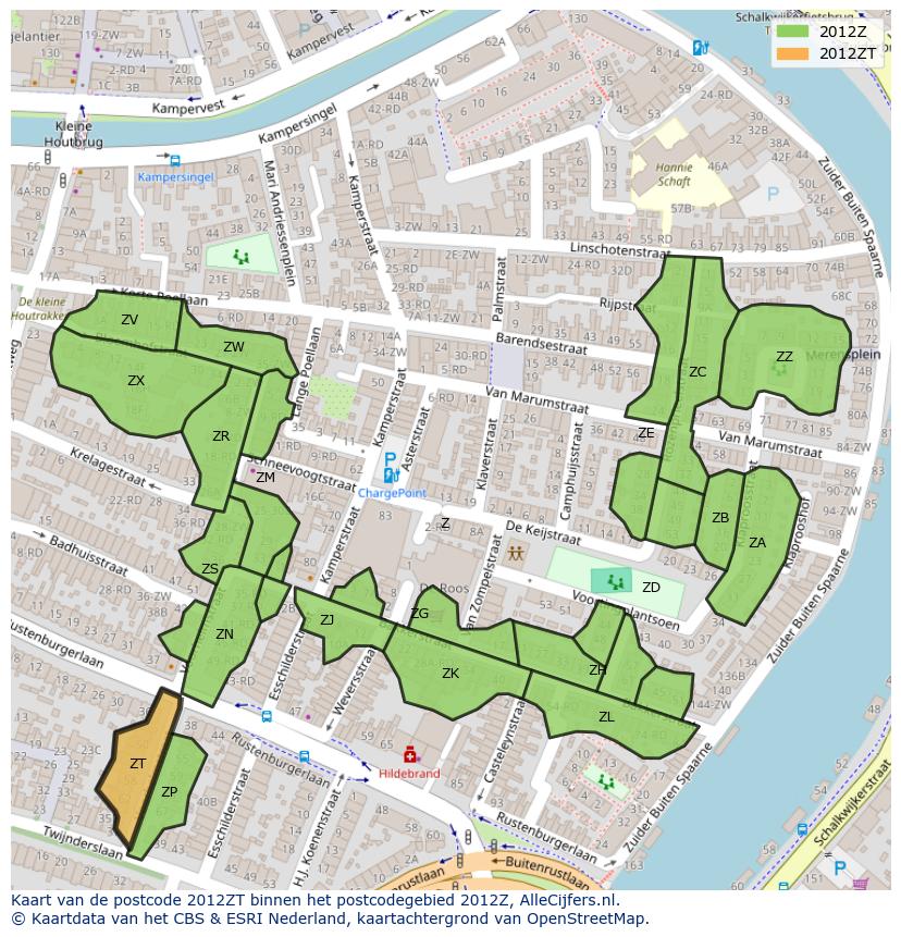 Afbeelding van het postcodegebied 2012 ZT op de kaart.