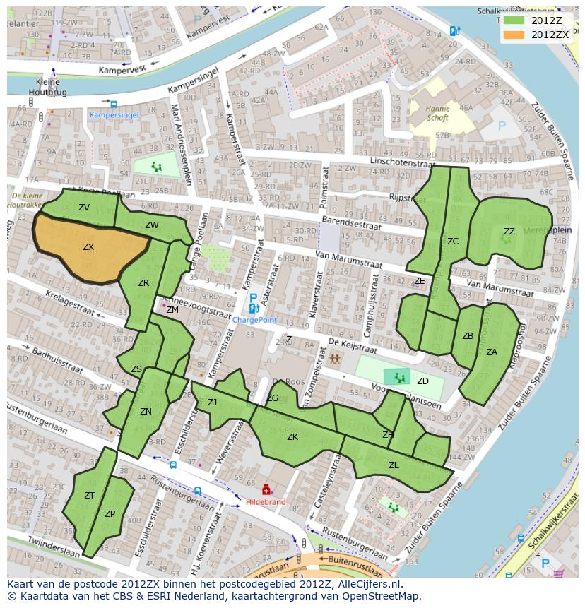 Afbeelding van het postcodegebied 2012 ZX op de kaart.