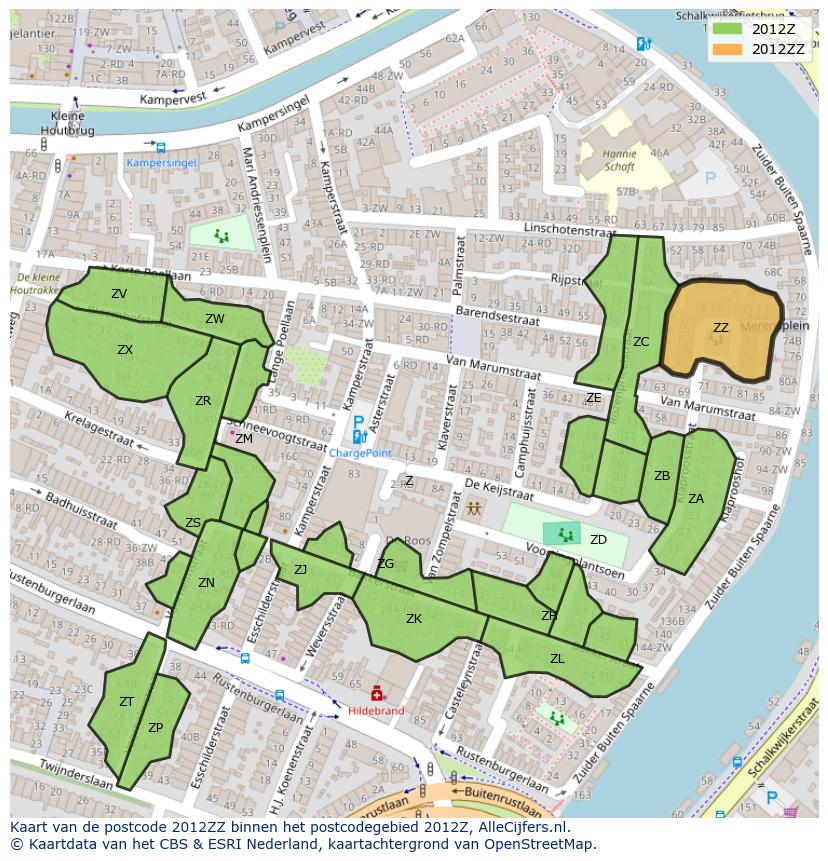 Afbeelding van het postcodegebied 2012 ZZ op de kaart.