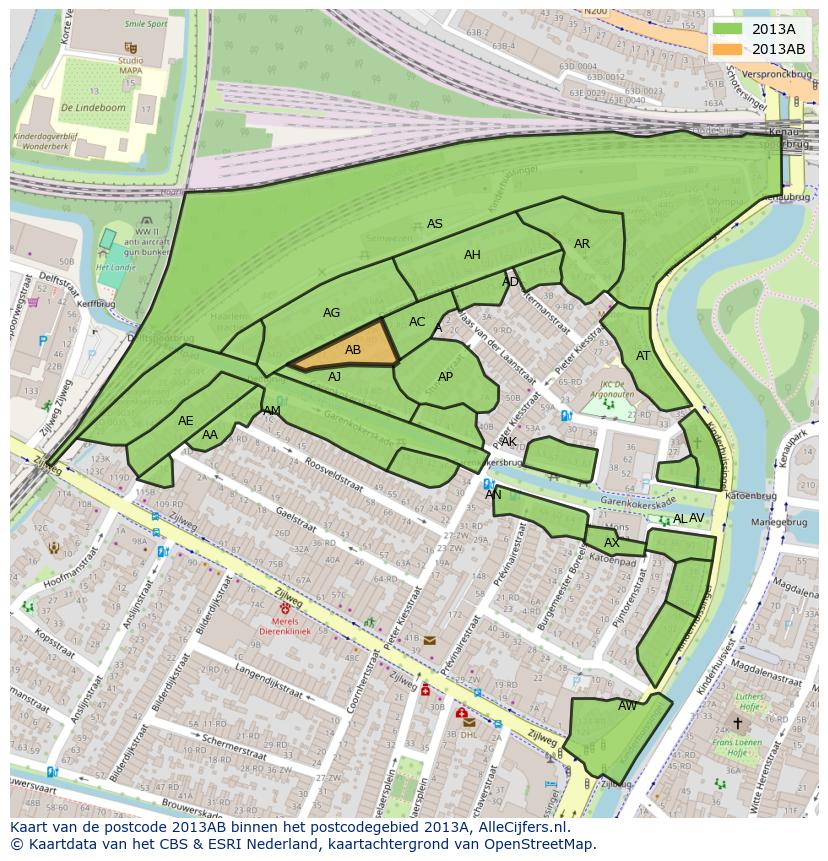 Afbeelding van het postcodegebied 2013 AB op de kaart.