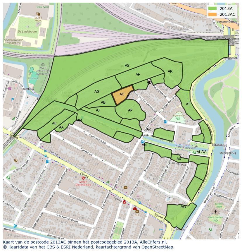 Afbeelding van het postcodegebied 2013 AC op de kaart.