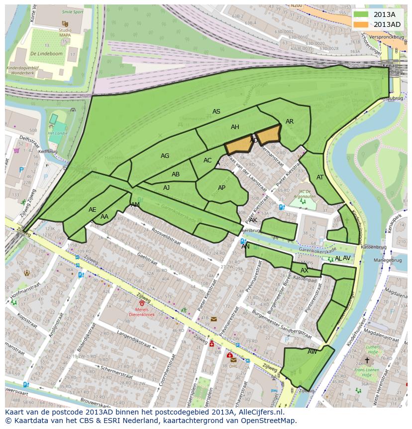 Afbeelding van het postcodegebied 2013 AD op de kaart.