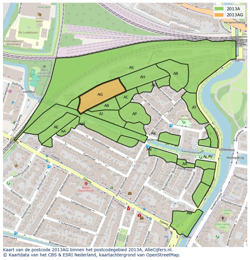 Afbeelding van het postcodegebied 2013 AG op de kaart.