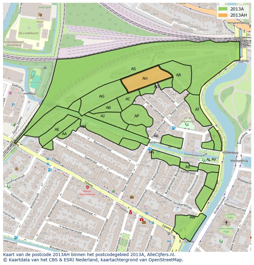 Afbeelding van het postcodegebied 2013 AH op de kaart.