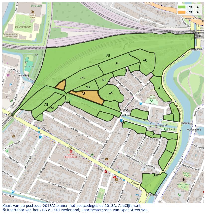 Afbeelding van het postcodegebied 2013 AJ op de kaart.