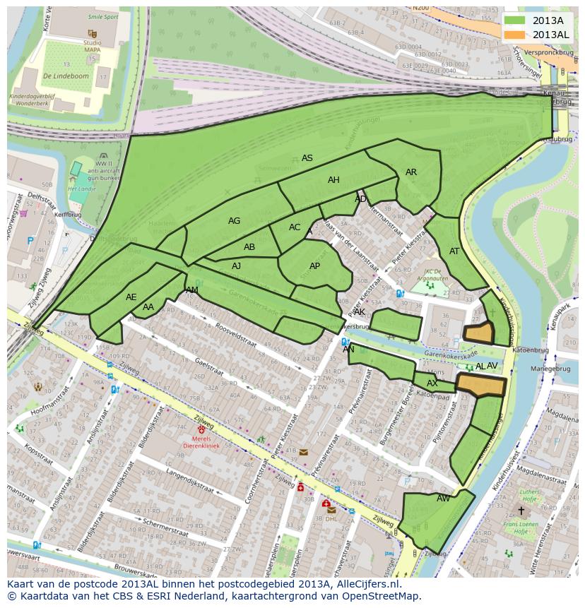 Afbeelding van het postcodegebied 2013 AL op de kaart.