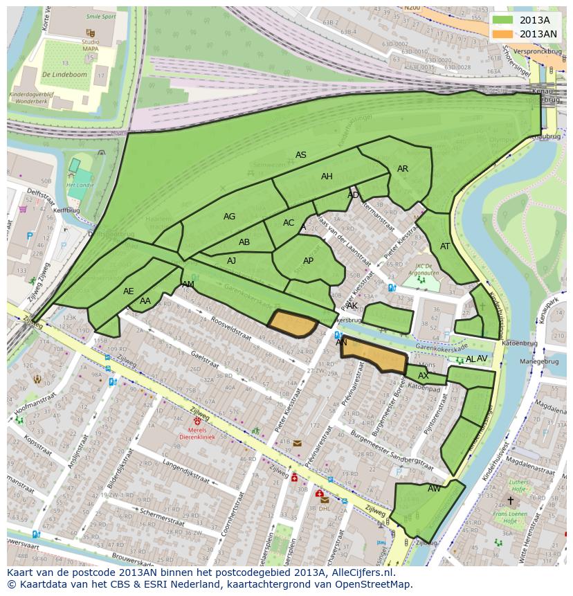 Afbeelding van het postcodegebied 2013 AN op de kaart.