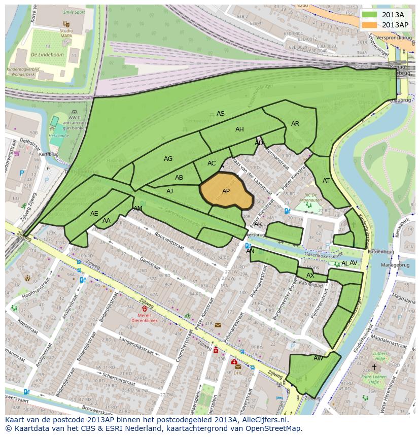 Afbeelding van het postcodegebied 2013 AP op de kaart.