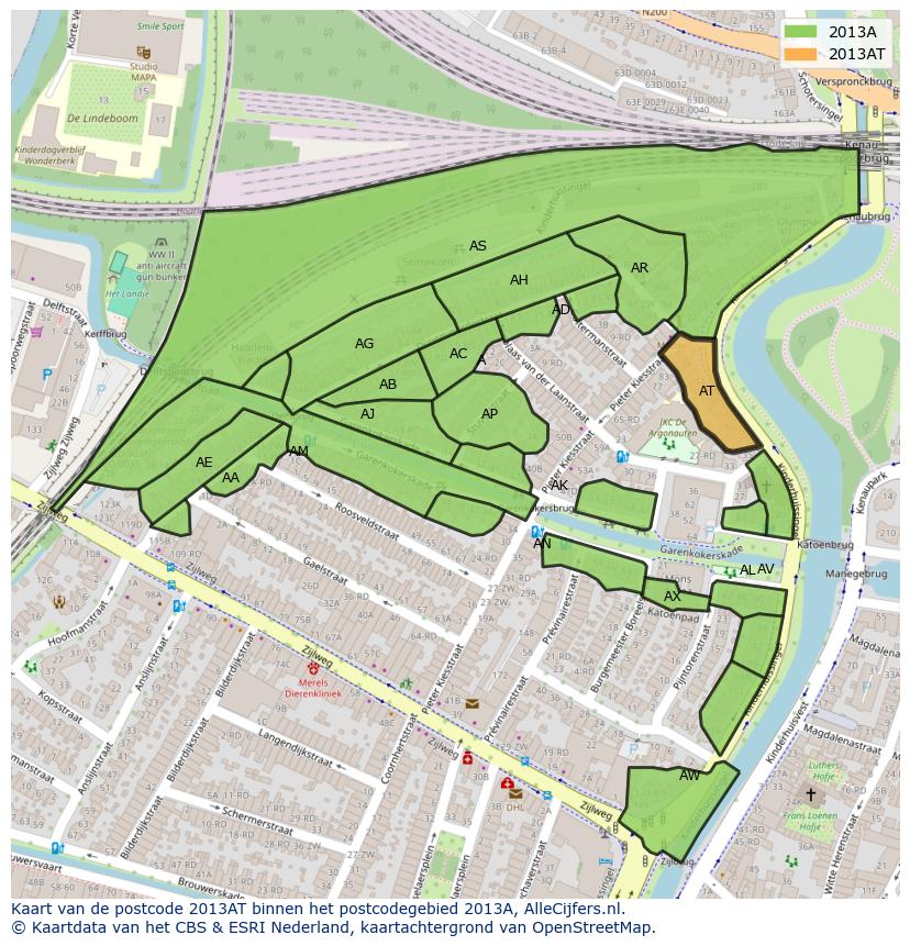 Afbeelding van het postcodegebied 2013 AT op de kaart.