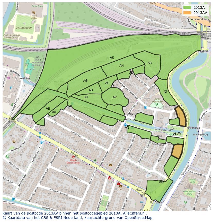 Afbeelding van het postcodegebied 2013 AV op de kaart.