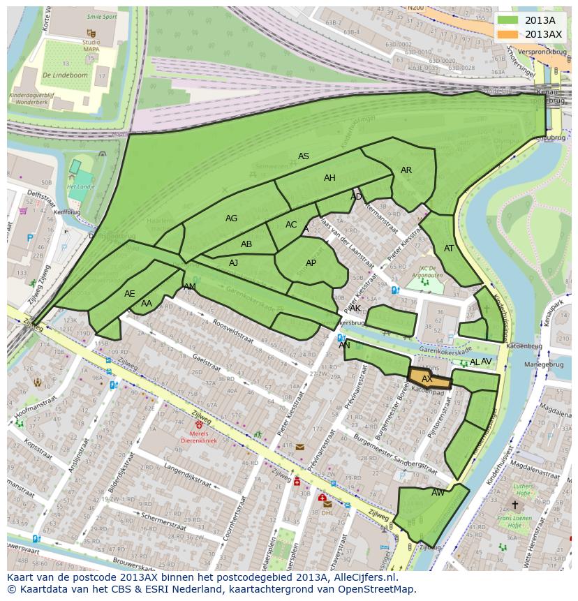 Afbeelding van het postcodegebied 2013 AX op de kaart.