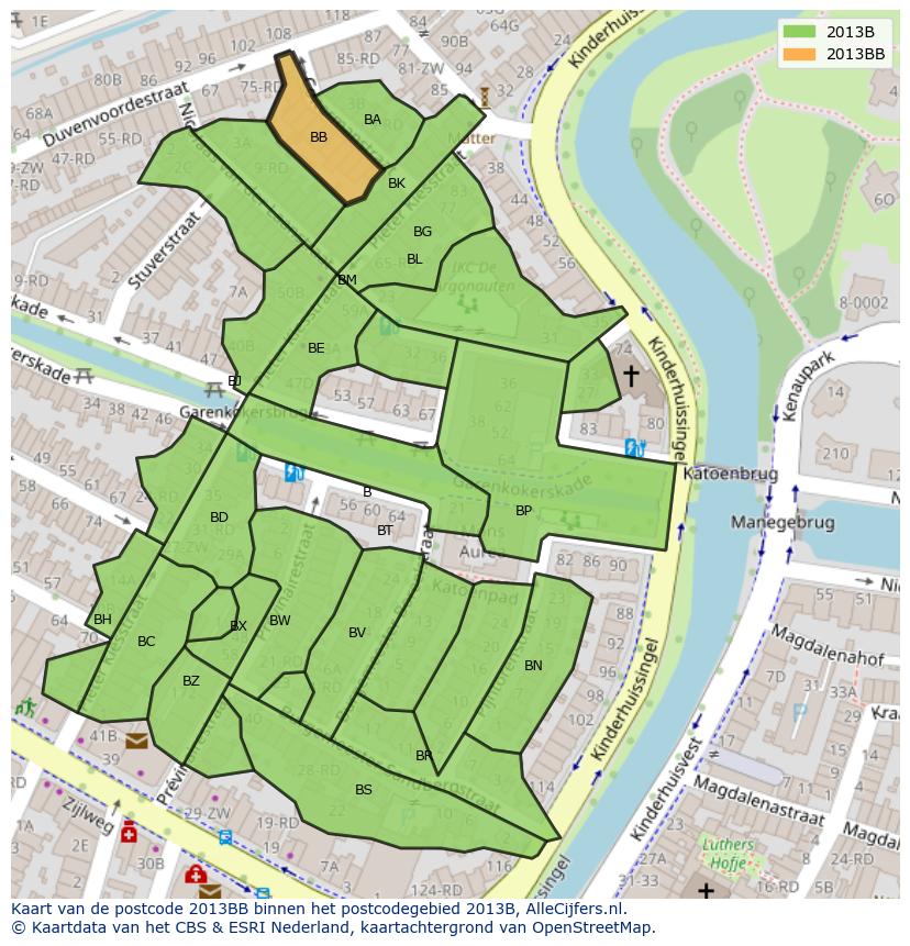 Afbeelding van het postcodegebied 2013 BB op de kaart.