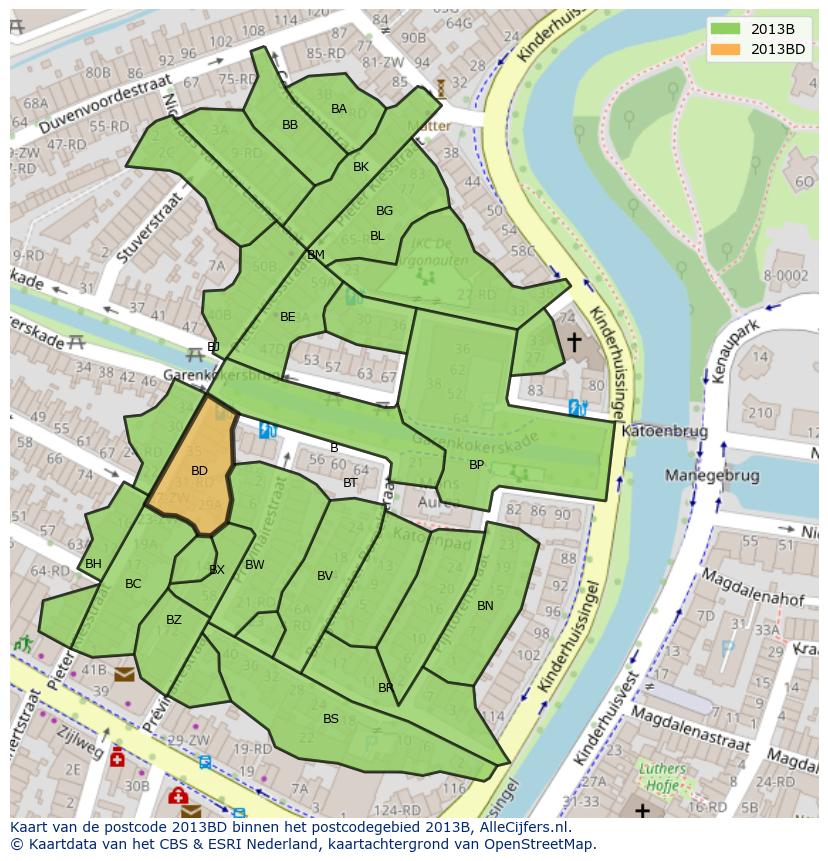Afbeelding van het postcodegebied 2013 BD op de kaart.