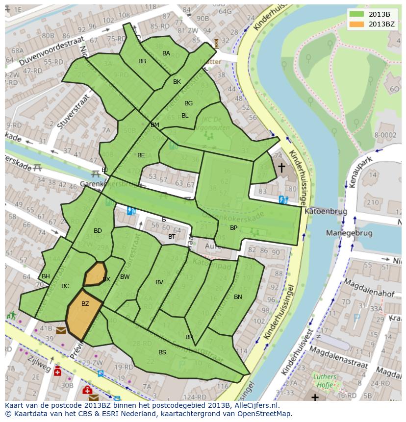 Afbeelding van het postcodegebied 2013 BZ op de kaart.