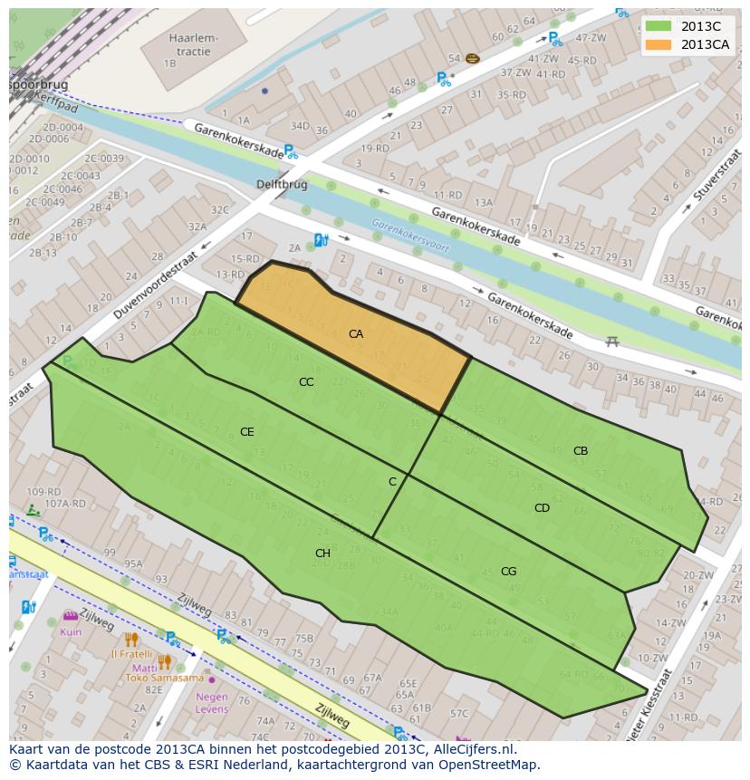 Afbeelding van het postcodegebied 2013 CA op de kaart.