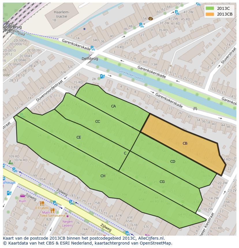 Afbeelding van het postcodegebied 2013 CB op de kaart.