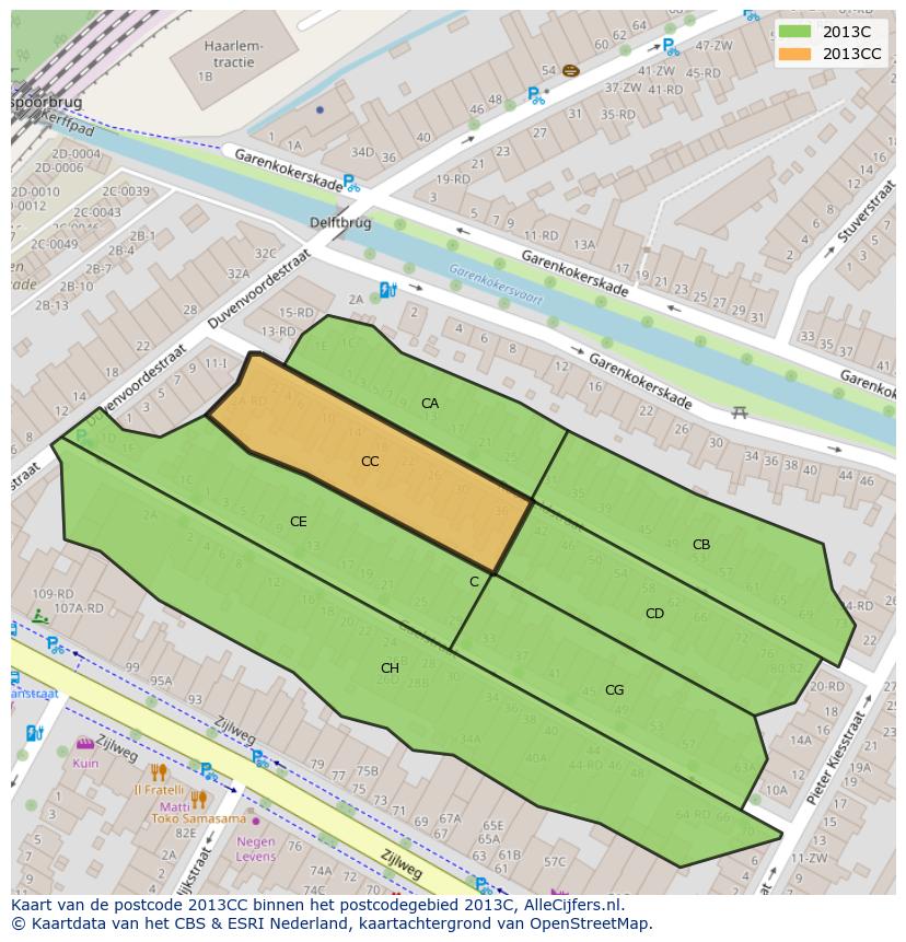 Afbeelding van het postcodegebied 2013 CC op de kaart.