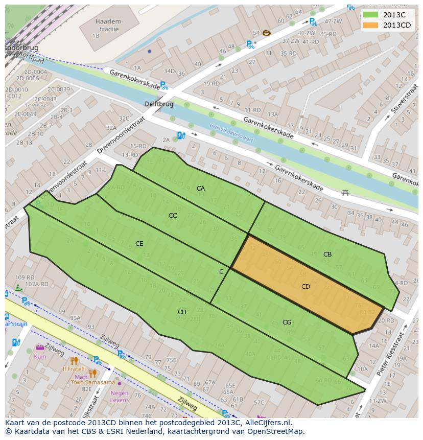 Afbeelding van het postcodegebied 2013 CD op de kaart.